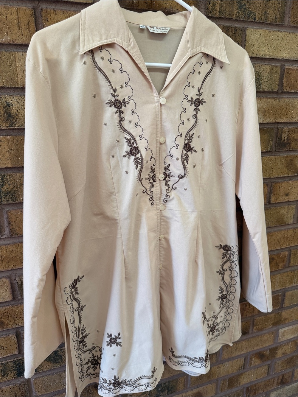Embroidered Button-Front Tunic in Cream by The Cottage Collection